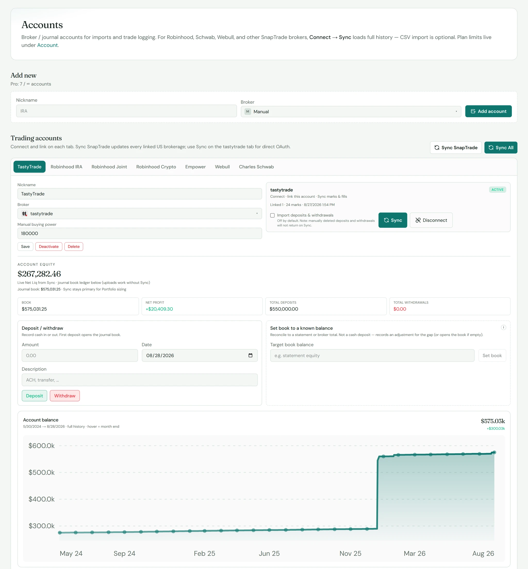 SK TradeLog trading accounts settings