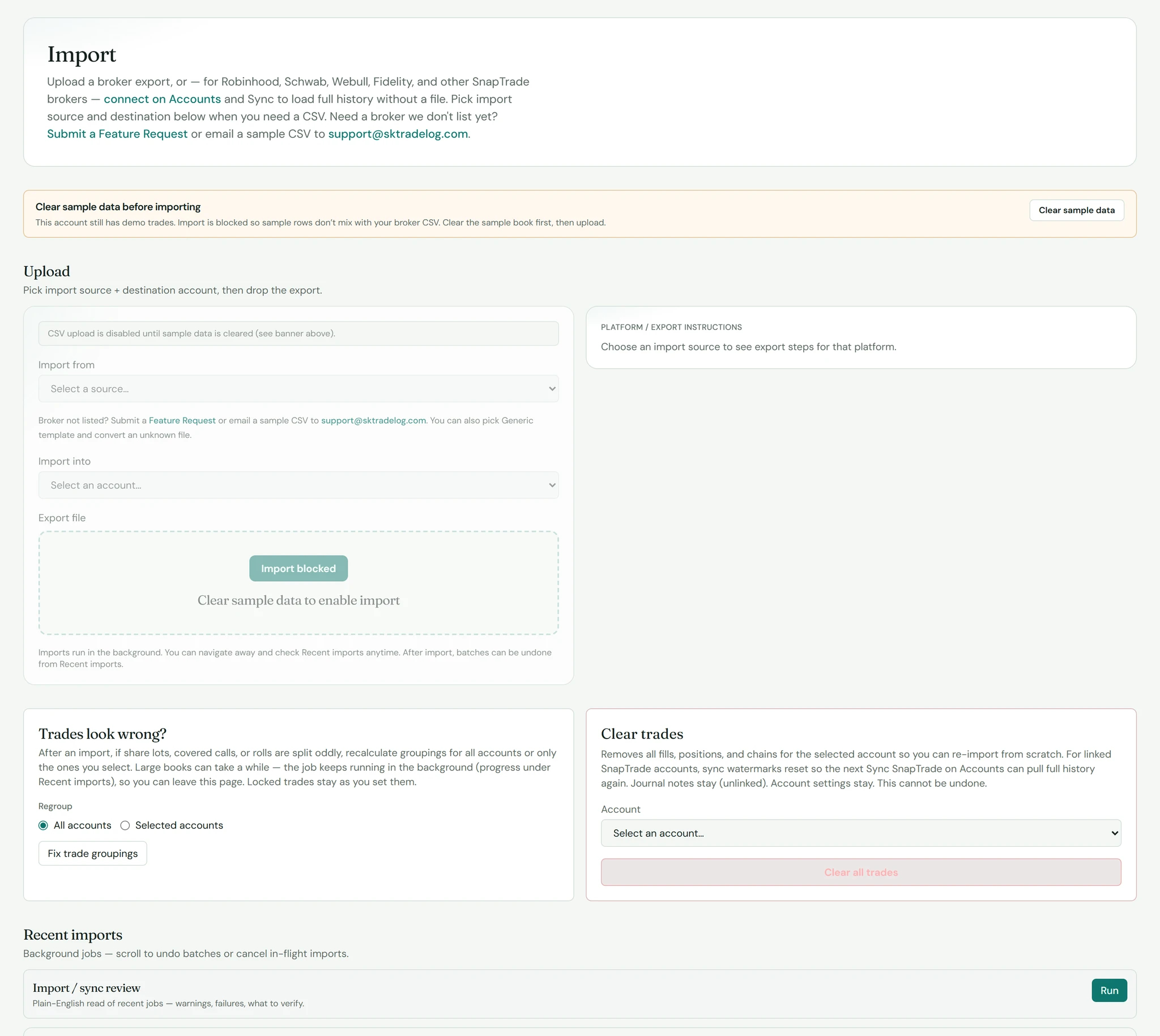 CSV import and brokerage sync